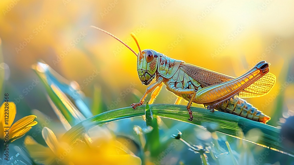 Poster a stunning view of a grasshopper perched on a blade of grass with its fine details in focus stock ph