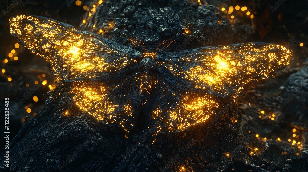 Poster A glowing moth resting on tree bark with its textured wings shimmering under soft light Stock Photo with side copy space
