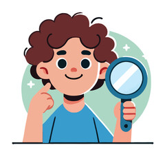 cartoon of a boy with curly hair looking in the mirror