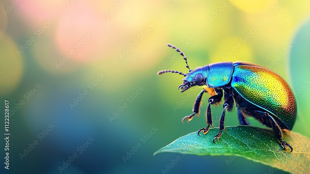 Poster a close-up of a beetles metallic shell reflecting vibrant hues of blue and green stock photo with si