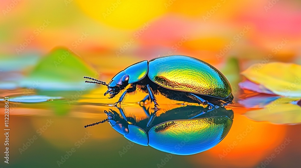 Poster a close-up of a beetles metallic shell reflecting vibrant hues of blue and green stock photo with si