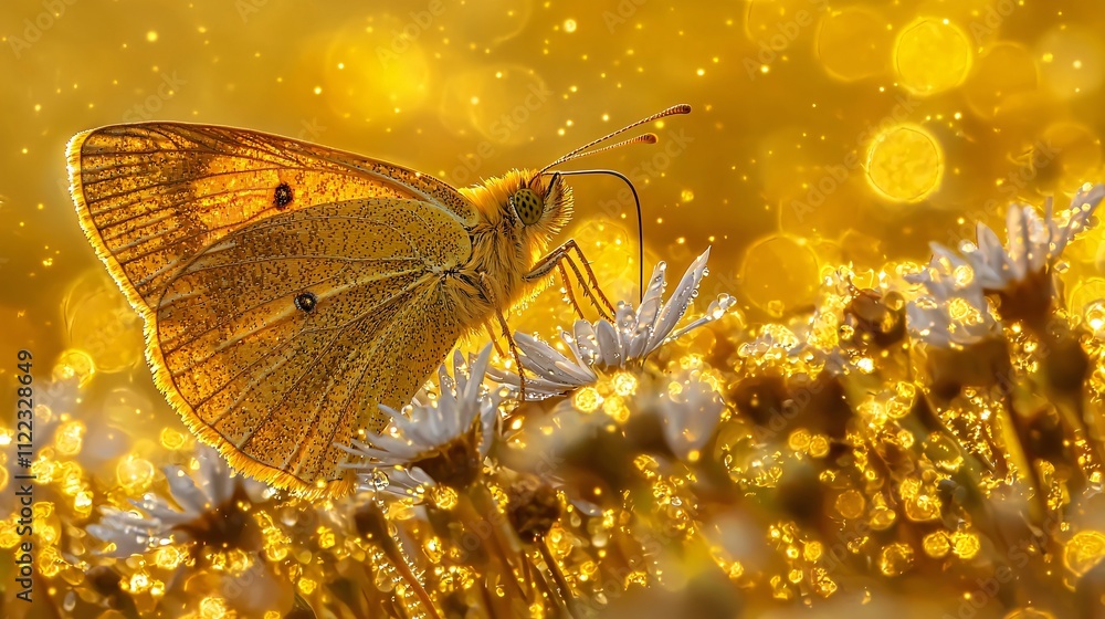 Poster a serene scene of a butterfly resting on a daisy under the soft glow of golden hour stock photo with