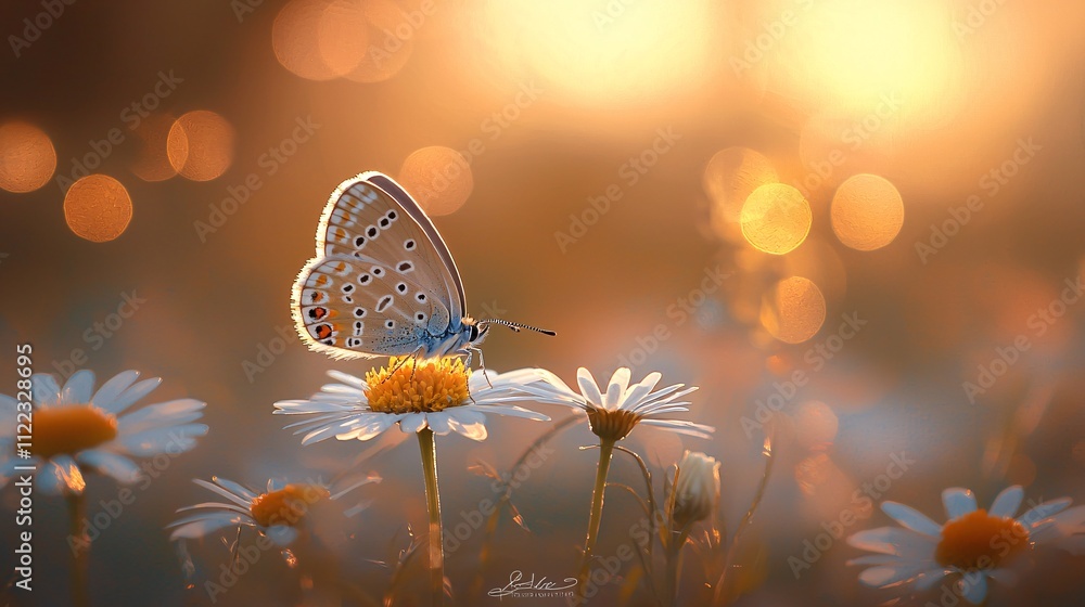 Poster a serene scene of a butterfly resting on a daisy under the soft glow of golden hour stock photo with