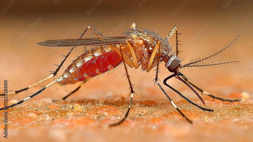 Poster a macro photograph of a mosquito perched delicately on a leaf under a soft natural light stock photo