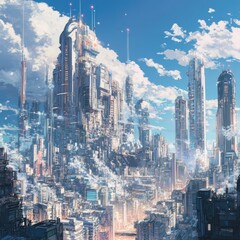 Obraz premium Futuristic city skyline, towering structures, cloudy sky.