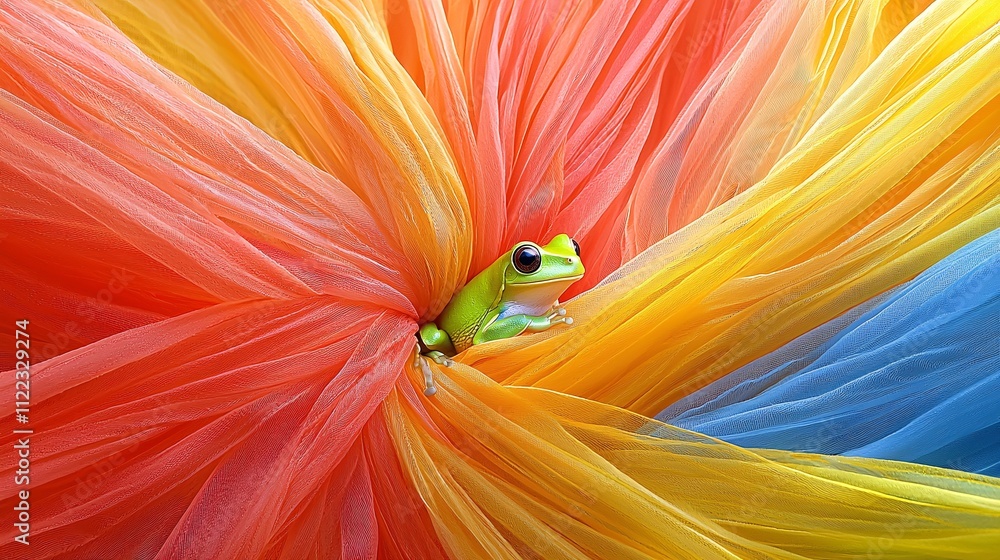 Poster A vibrant macro image of a green tree frog clinging to a colorful tropical leaf Stock Photo with side copy space