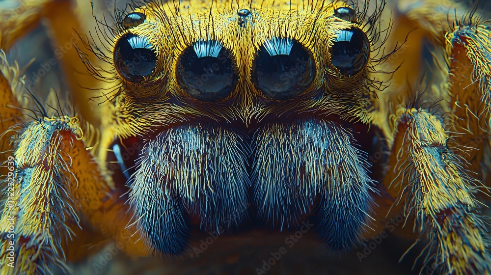 Aufkleber an intense close-up of a tarantulas fangs and fine hairs under a dramatic light stock photo with sid