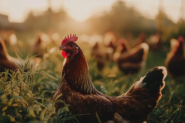 Red Hen on Egg Farm with Blurred Chickens and Sunset Lighting