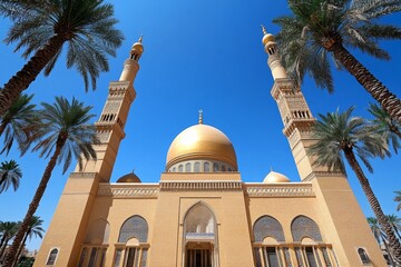 A wide-angle view of the mosque minarets and domes framed by palm trees, under a clear blue sky