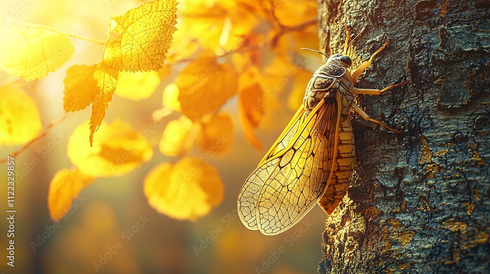Poster A dazzling view of a cicada resting on tree bark with its textured wings and body in focus Stock Photo with side copy space