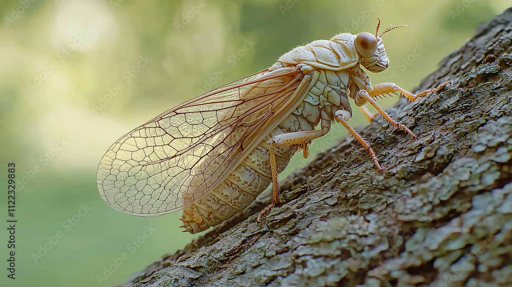 Poster A dazzling view of a cicada resting on tree bark with its textured wings and body in focus Stock Photo with side copy space