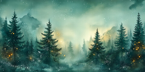 Magical Forest with Christmas trees and shining lights Watercolor Abstract in the style of Christmas cards