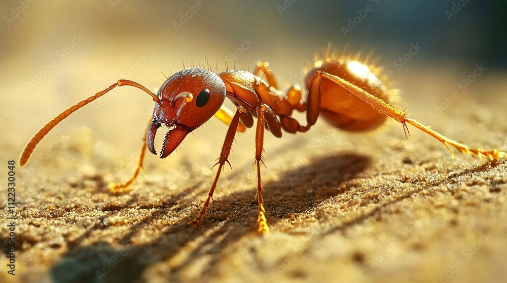 Poster a detailed image of a fire ant crawling along a leaf edge with its sharp mandibles in view stock pho