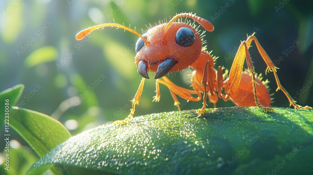 Poster A detailed image of a fire ant crawling along a leaf edge with its sharp mandibles in view Stock Photo with side copy space