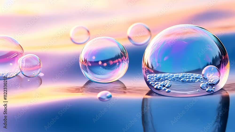 Poster iridescent soap bubbles floating over reflective