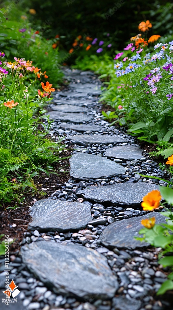 Poster A tranquil nature walk through a pathway surrounded by colorful blooms and soft greenery Stock Photo with side copy space