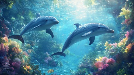 Fototapeta premium Two dolphins swimming gracefully in vibrant coral reef.