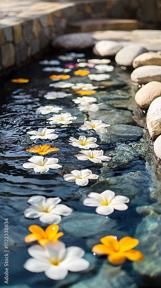 Aufkleber a spa-inspired setup featuring fresh flower petals floating on still water stock photo with side cop