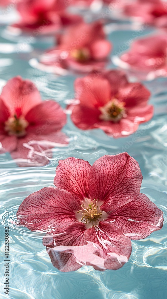 Poster a spa-inspired setup featuring fresh flower petals floating on still water stock photo with side cop