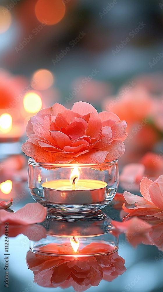 Aufkleber a delicate arrangement of petals and candles creating a serene ambiance stock photo with side copy s