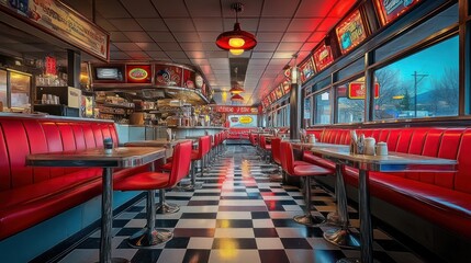 Fototapeta premium Retro diner, red booths, checkered floor.