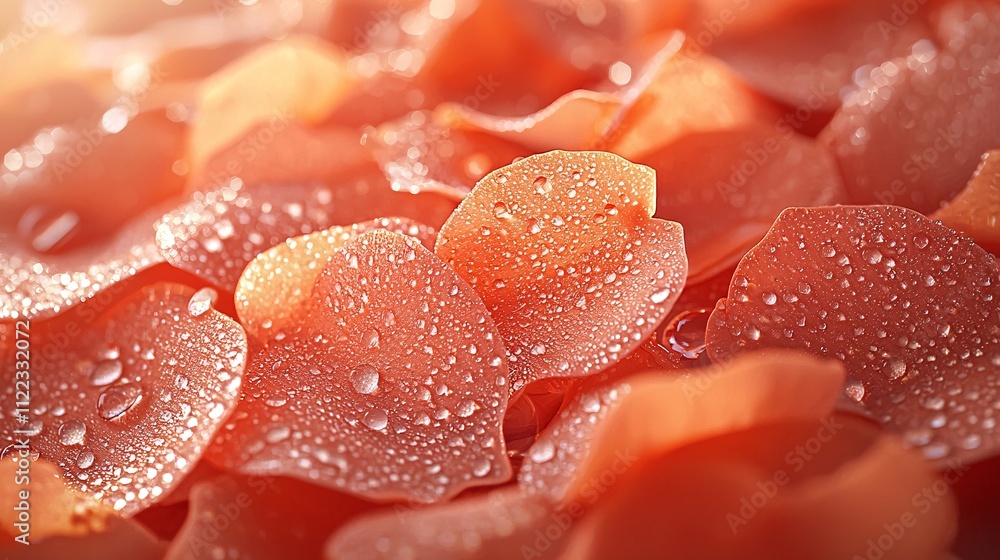 Poster a close-up view of delicate flower petals glistening with morning dew in soft sunlight stock photo w