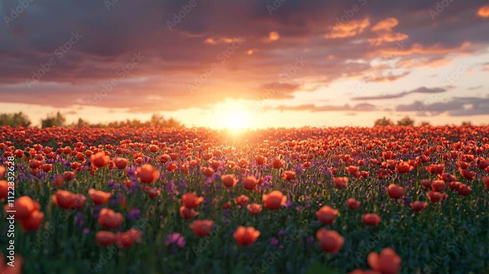 Poster a scenic field of poppies swaying gently under a calming breeze at sunset stock photo with side copy
