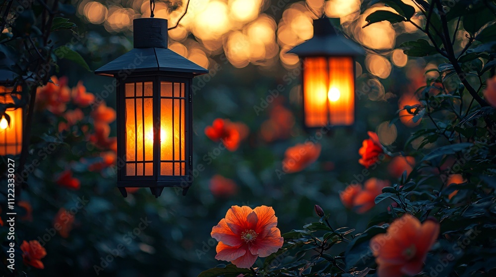 Poster A tranquil evening scene of lanterns illuminating a flower garden with soft glows Stock Photo with side copy space