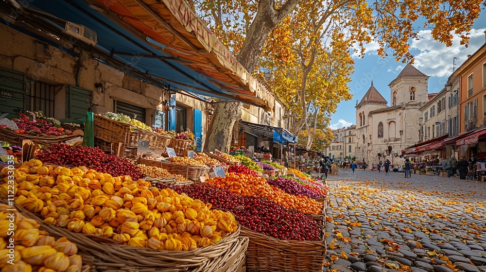 Aufkleber a colorful display of seasonal flowers in a market with a backdrop of charming architecture stock ph