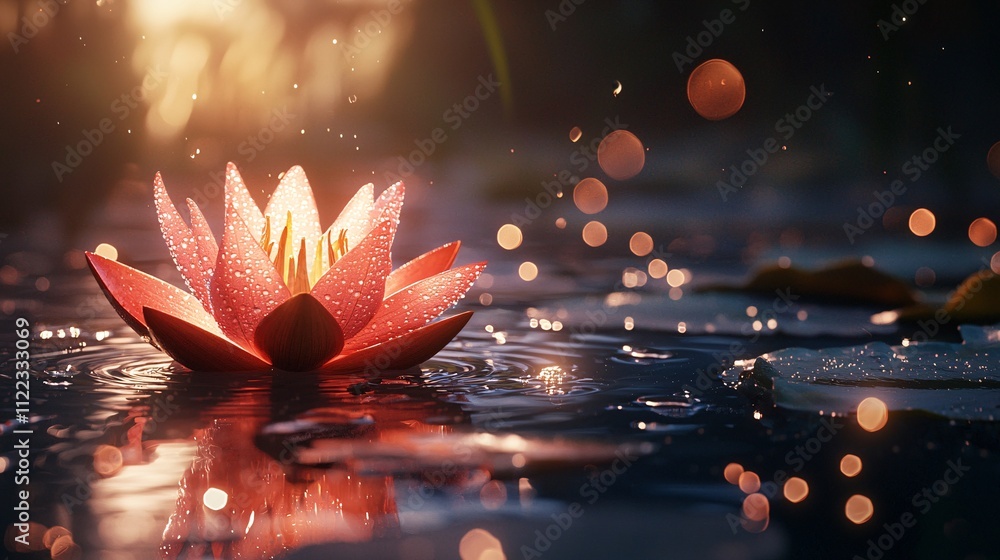 Poster a detailed view of a lotus flower floating gracefully on a calm water surface stock photo with side 