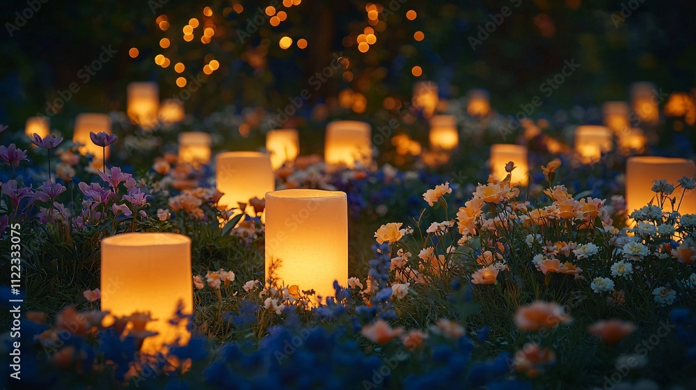 Poster a tranquil evening scene of lanterns illuminating a flower garden with soft glows stock photo with s