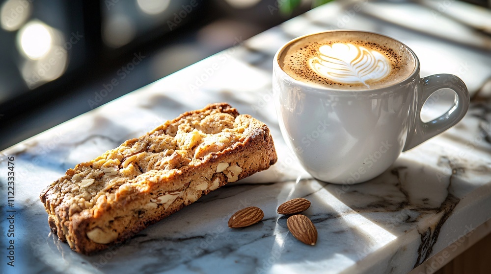 Poster an elegant pairing of a macchiato with almond biscotti set on a marble countertop stock photo with s