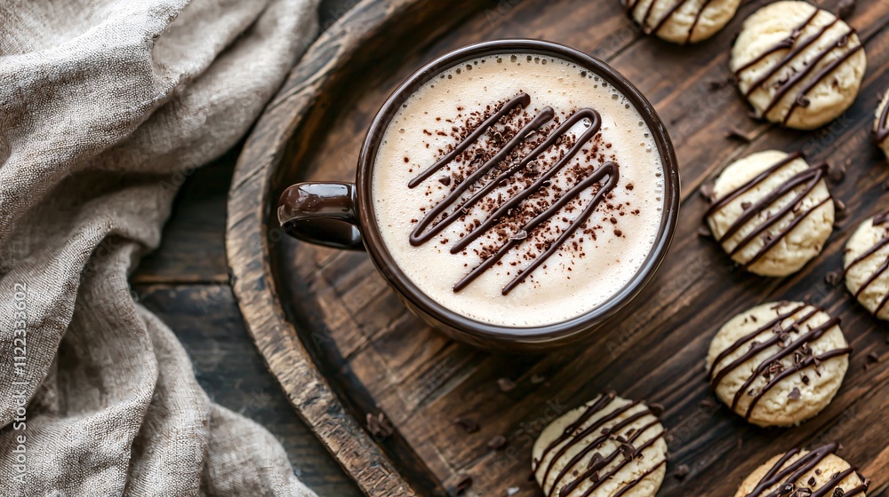 Poster A vibrant flat lay of a frothy latte with chocolate drizzled cookies on a rustic wooden tray Stock Photo with side copy space