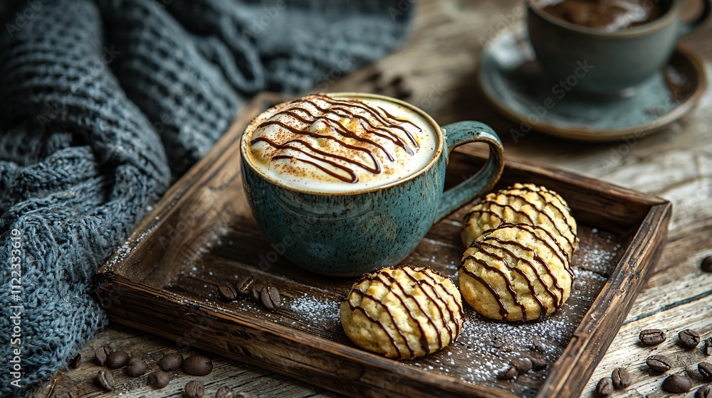 Poster A vibrant flat lay of a frothy latte with chocolate drizzled cookies on a rustic wooden tray Stock Photo with side copy space