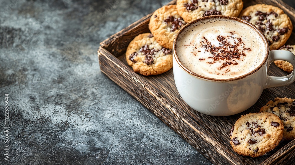 Poster A vibrant flat lay of a frothy latte with chocolate drizzled cookies on a rustic wooden tray Stock Photo with side copy space
