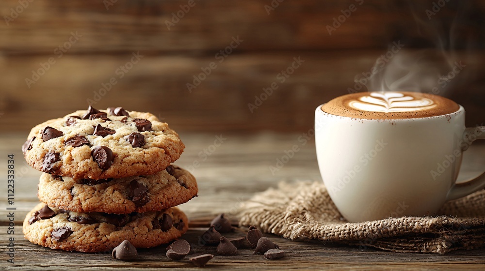 Poster A decadent view of a stack of gooey double chocolate cookies next to a creamy latte Stock Photo with side copy space