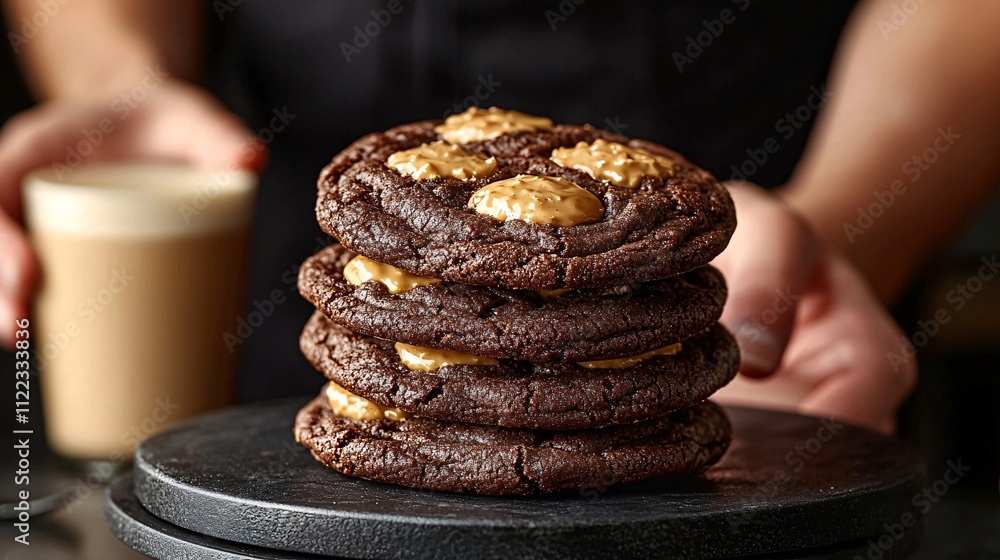 Poster a decadent view of a stack of gooey double chocolate cookies next to a creamy latte stock photo with