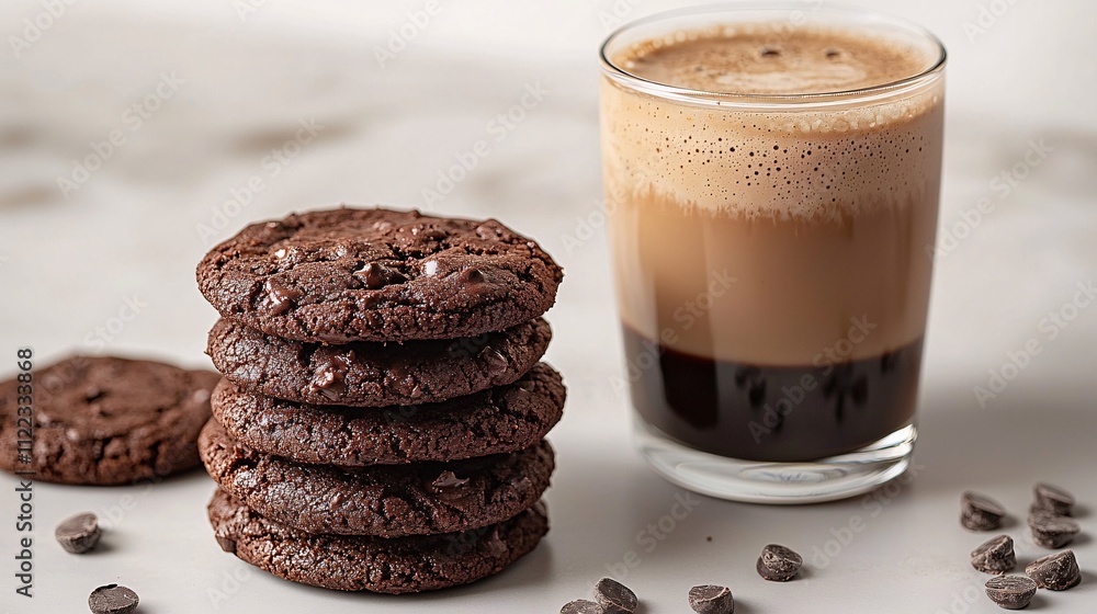 Poster a decadent view of a stack of gooey double chocolate cookies next to a creamy latte stock photo with