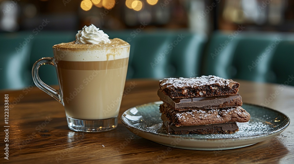 Poster a decadent view of a stack of gooey double chocolate cookies next to a creamy latte stock photo with