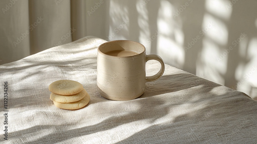 Aufkleber a serene coffee break setup with a ceramic mug and soft vanilla cookies on a linen cloth stock photo