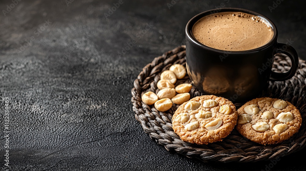 Poster a delectable display of creamy macchiato and chewy white chocolate macadamia cookies stock photo wit