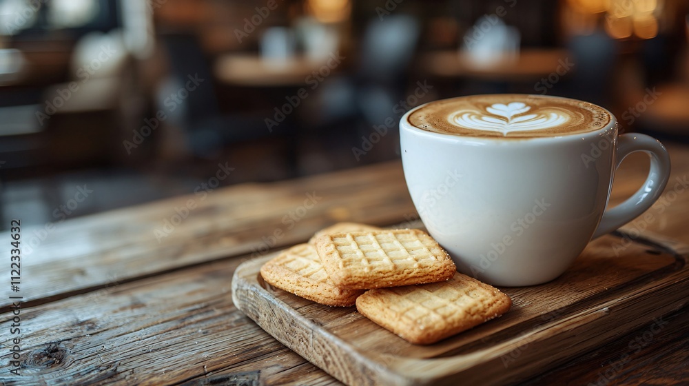 Poster An enchanting cafe view with a latte and a tray of assorted shortbread cookies Stock Photo with side copy space