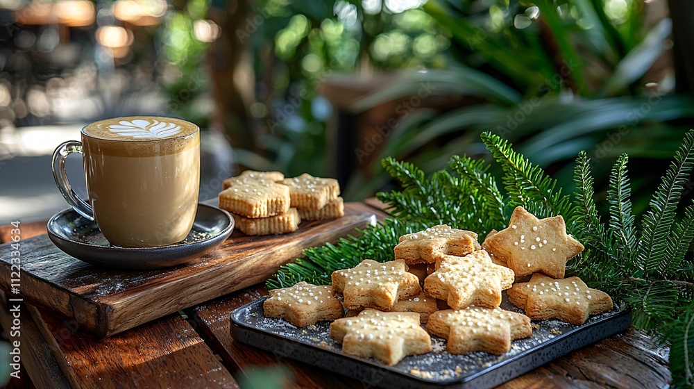 Poster An enchanting cafe view with a latte and a tray of assorted shortbread cookies Stock Photo with side copy space