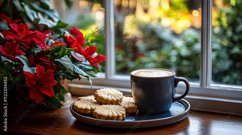 Poster An enchanting cafe view with a latte and a tray of assorted shortbread cookies Stock Photo with side copy space
