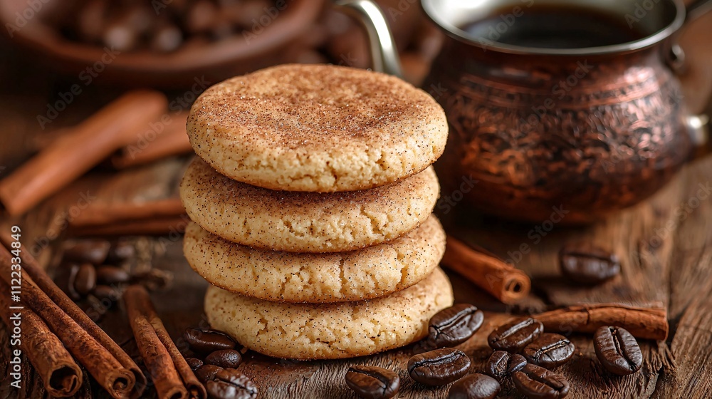 Poster a nostalgic setup of freshly baked snickerdoodles paired with an aromatic coffee pot stock photo wit