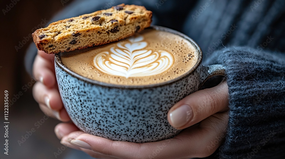 Poster a refined coffee break featuring biscotti and a frothy latte in elegant porcelain stock photo with s