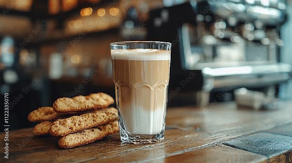 Poster a refined coffee break featuring biscotti and a frothy latte in elegant porcelain stock photo with s