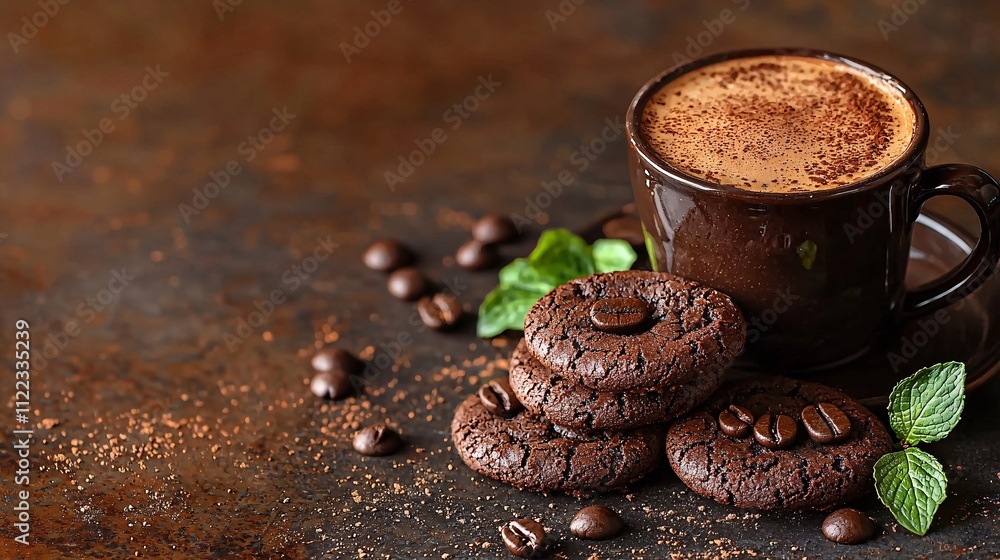 Poster a gourmet cafe scene with a rich mocha and decadent double chocolate cookies stock photo with side c