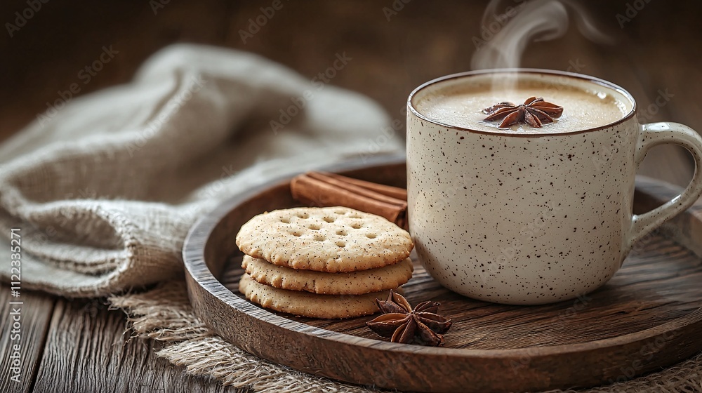 Poster A delightful setup of chai-spiced cookies and a steaming cup of masala chai on a rustic tray Stock Photo with side copy space