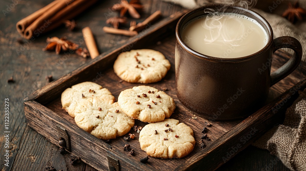 Poster A delightful setup of chai-spiced cookies and a steaming cup of masala chai on a rustic tray Stock Photo with side copy space